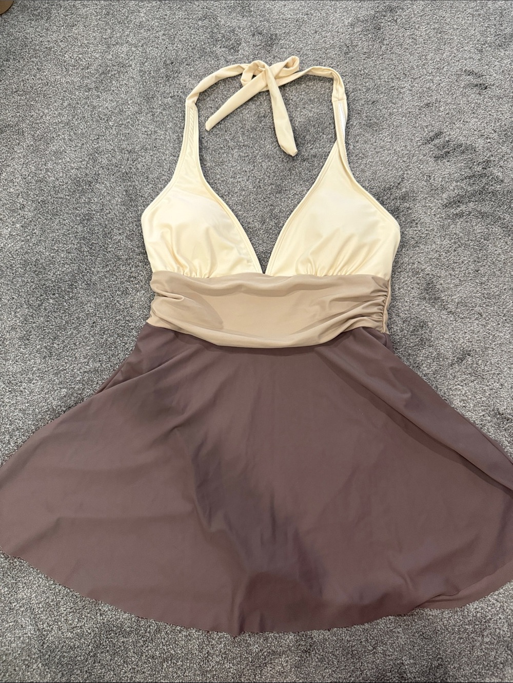 Colorblock Halter Swim Dress Cream and Tan Tones